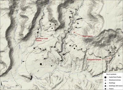 Figure 1. Location of sites in Castle Rock Community dating to the thirteenth century AD (sites with a question mark are of uncertain chronology); drawing by Sand Canyon-Castle Rock Community Archaeological Project.